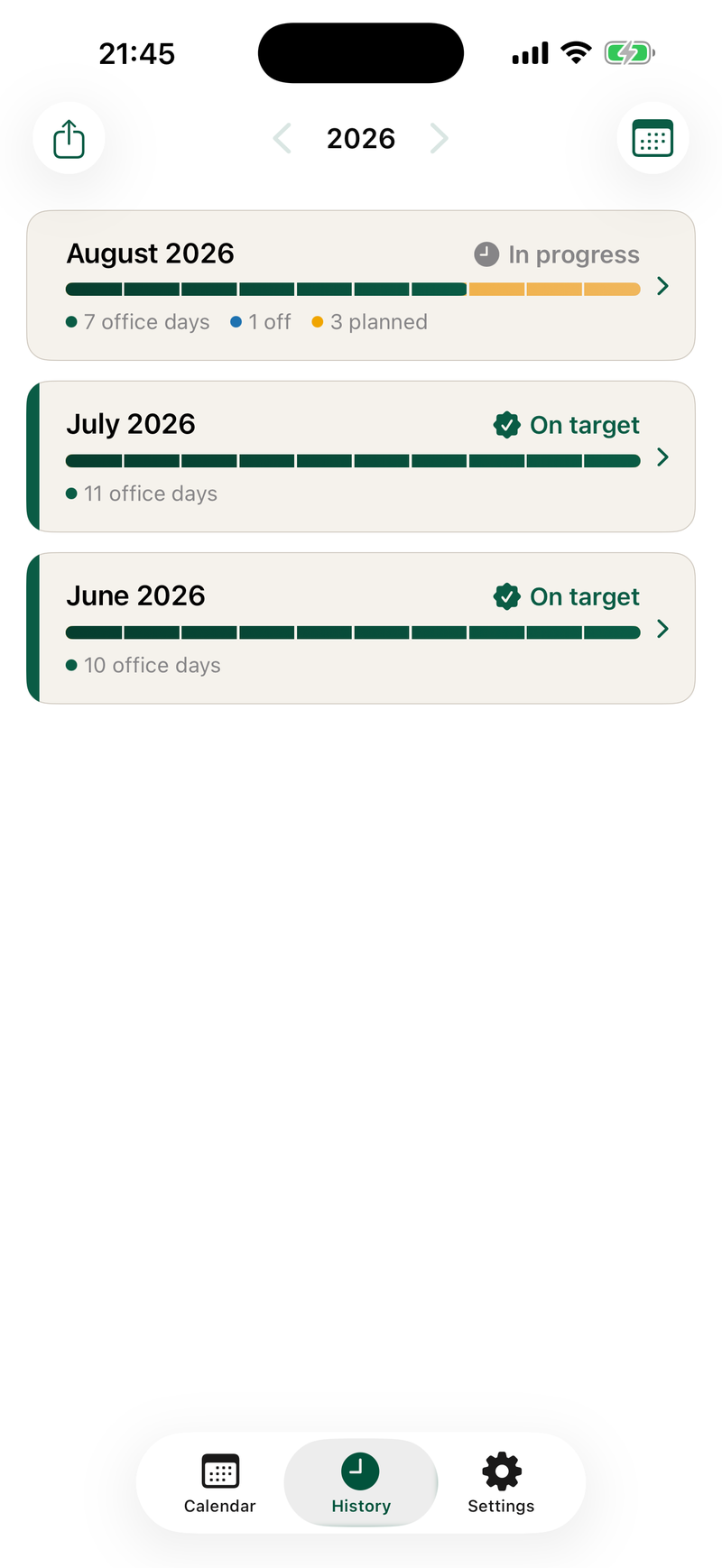 Hybrido history screen listing July, June, and May 2026 with on-target and in-progress badges.