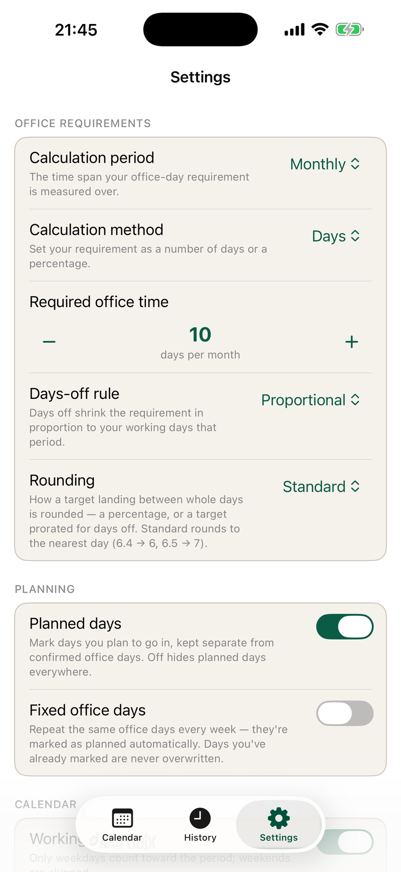 Hybrido settings screen with calculation period, method, required office time, and days-off rule.